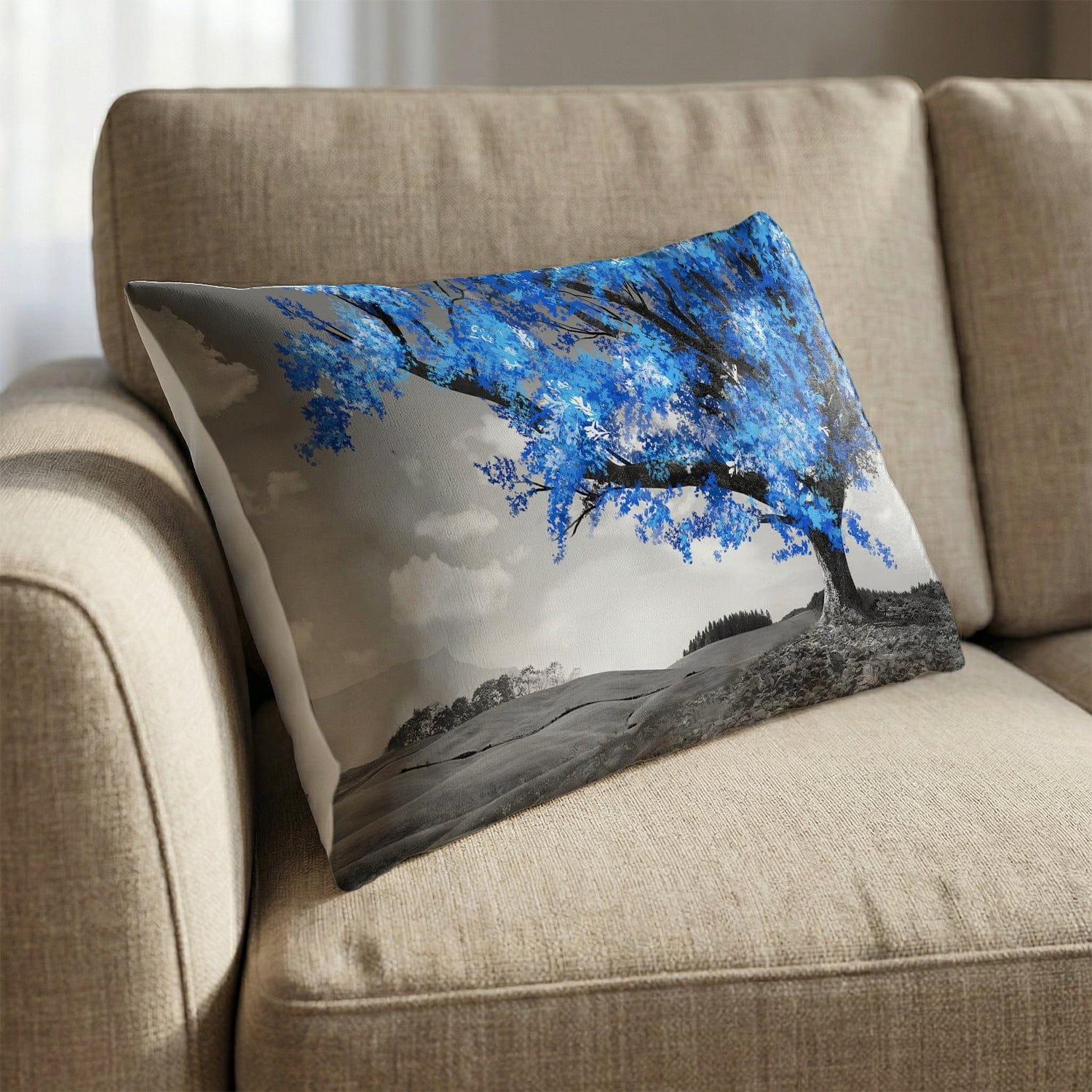 Blue Tree in the Grey Landscape Cushion - Image 2