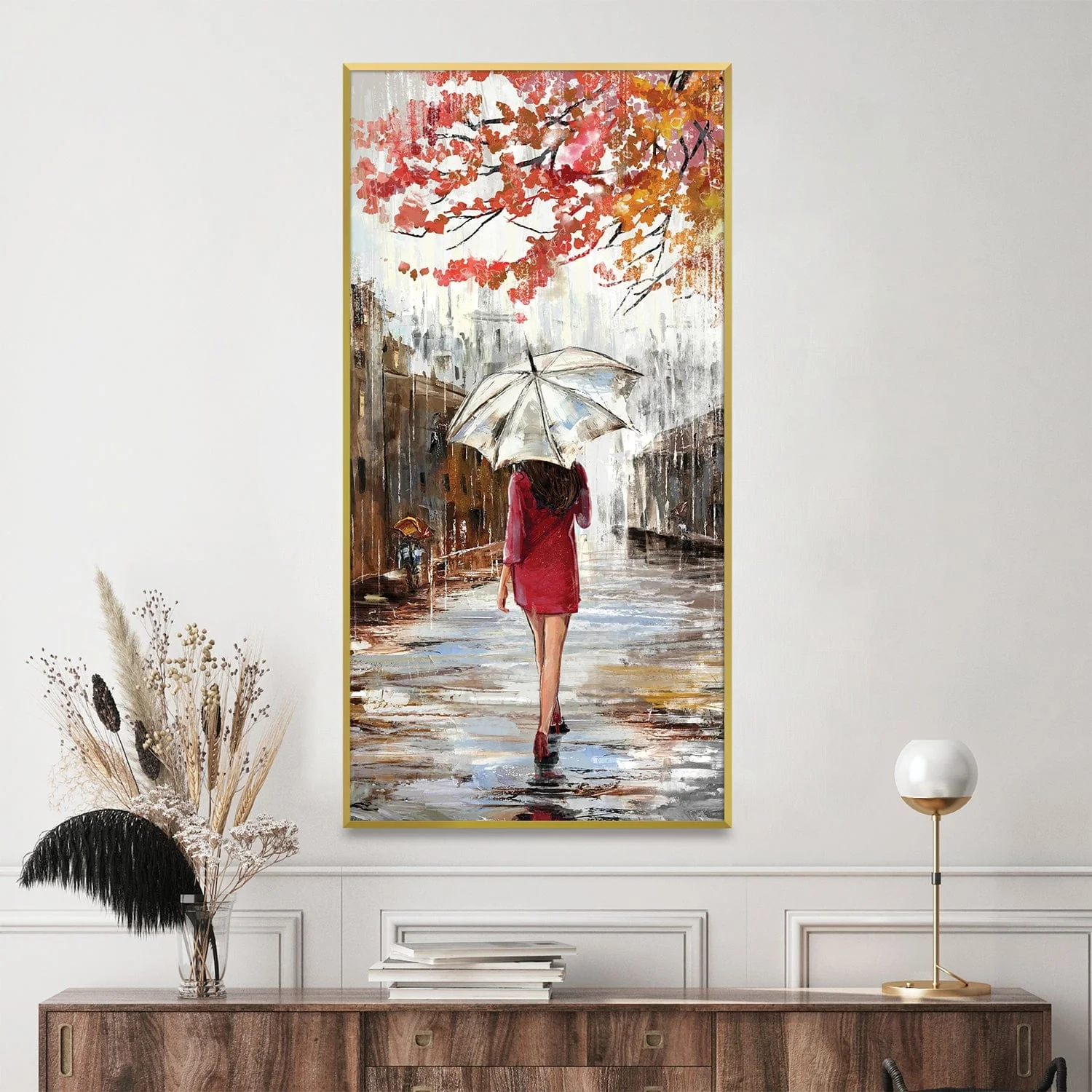 Crimson Stroll on Rainy Day Canvas - Image 2